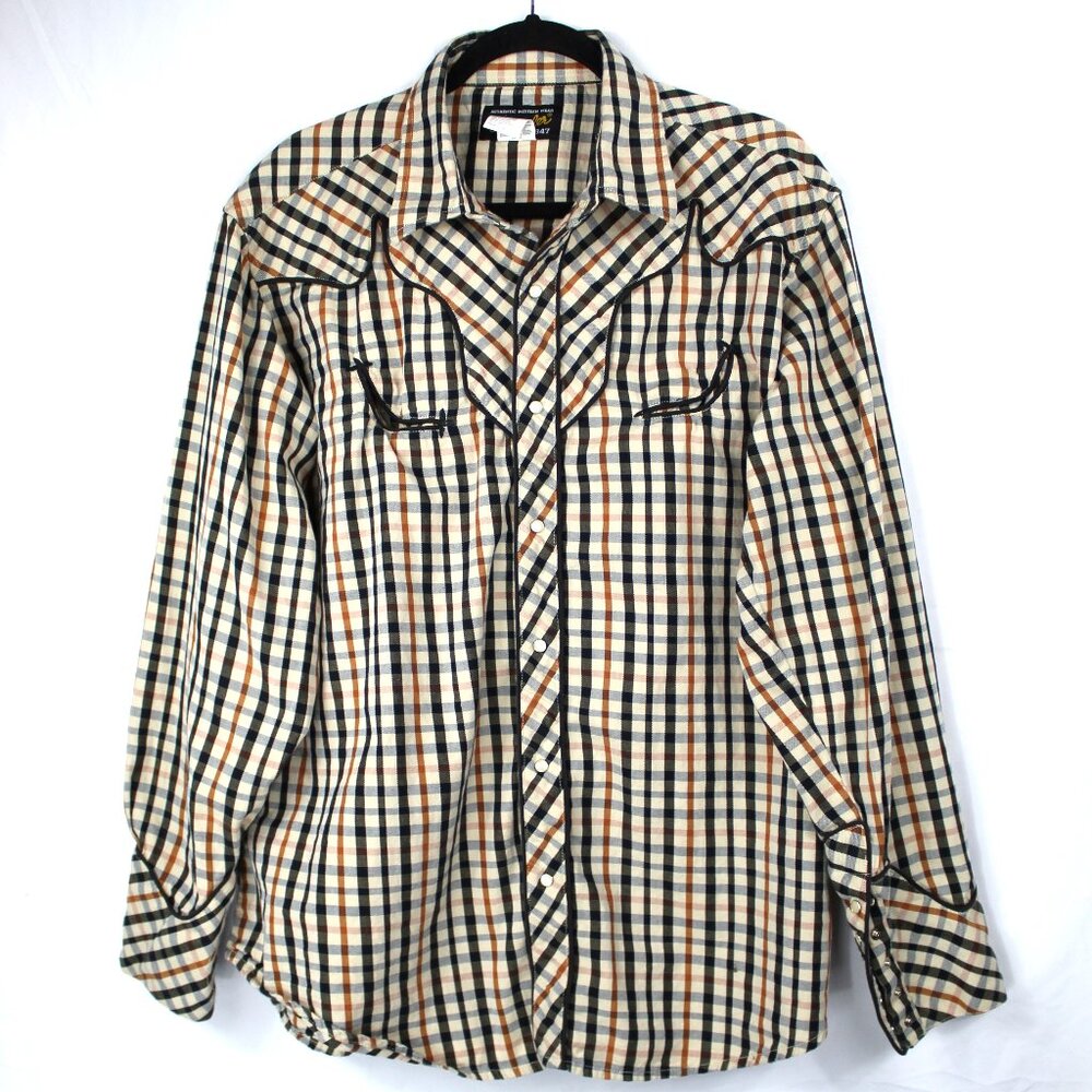 WRANGLER VINTAGE WESTERN WEAR MEN'S BLACK RUST OFFWHITE PLAID SNAP DOWN SHIRT XL